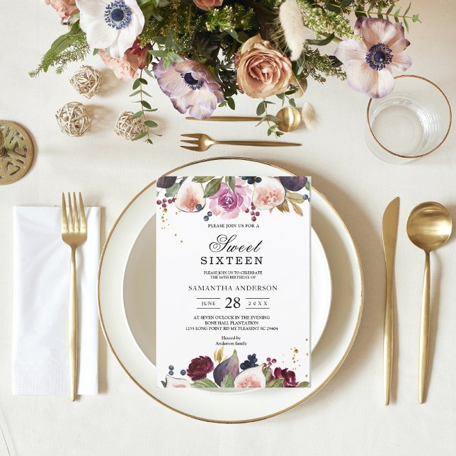 Modern  Burgundy Watercolor Flowers & Berry  Invitation (Creator Uploaded)