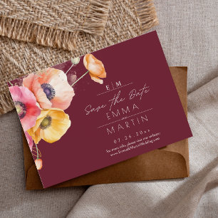 Modern Burgundy Watercolor Poppies Floral Wedding Save The Date