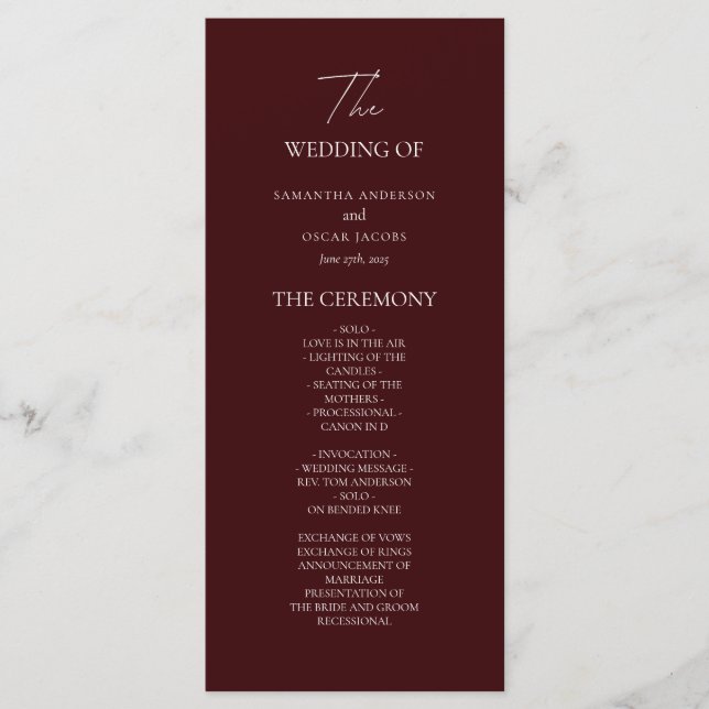 Modern Burgundy Wedding Ceremony Program | (Front)