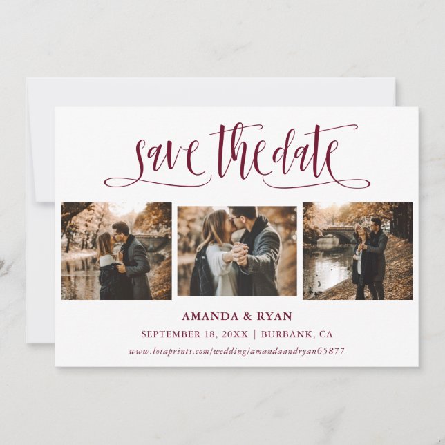 Modern Burgundy Wedding Photo Save The Date (Front)