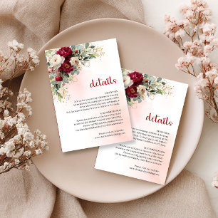 Modern Burgundy White Floral Gold Wedding Info Enclosure Card