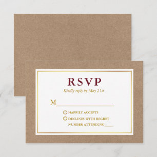 Modern Burgundy White Gold Kraft RSVP Card