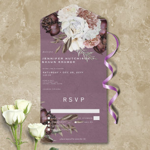 Modern Burgundy & White Peonies & Roses Dinner All In One Invitation