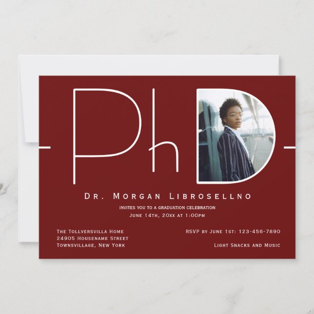 Modern Burgundy White Photo PhD Graduation Invitation (Front)