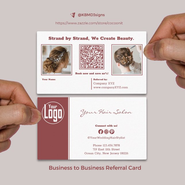 Modern Burgundy & White Wedding Hair Stylist  Referral Card (Modern Burgundy & White Wedding Hair Stylist Referral Card, B2B, Business to Business)