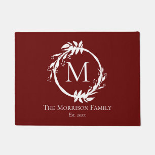 Modern Burgundy White Wreath Family Name Monogram Doormat
