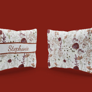 Modern Burgundy Wildflowers   Elegant Boho Floral  Pillowcase
