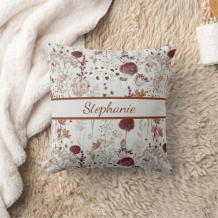 Modern Burgundy Wildflowers   Elegant Boho Floral  Throw Pillow
