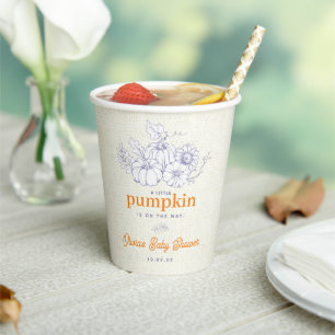 Modern Burlap Blue Orange Pumpkin Baby Shower Paper Cups