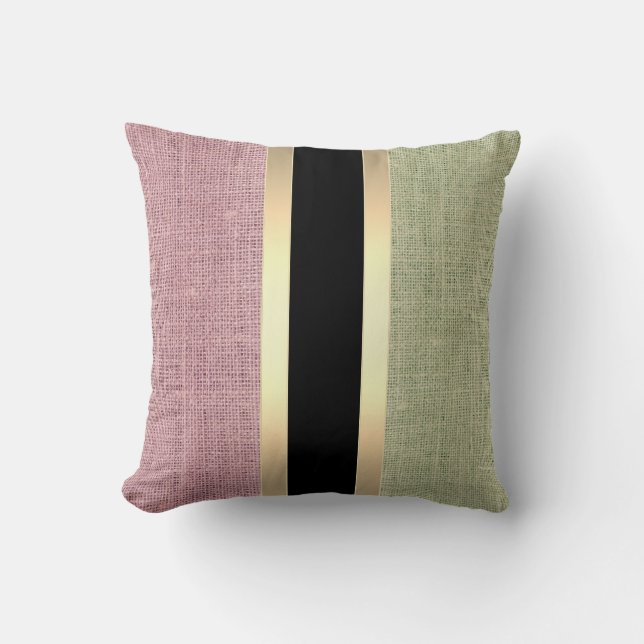 Modern Burlap Gold Striped Throw Pillow (Front)
