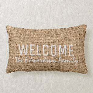 Modern burlap Welcome Family custom name Lumbar Pillow