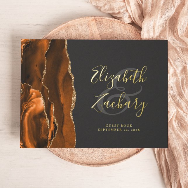 Modern Burnt Orange Agate Gold Script Dark Guest Book (Creator Uploaded)