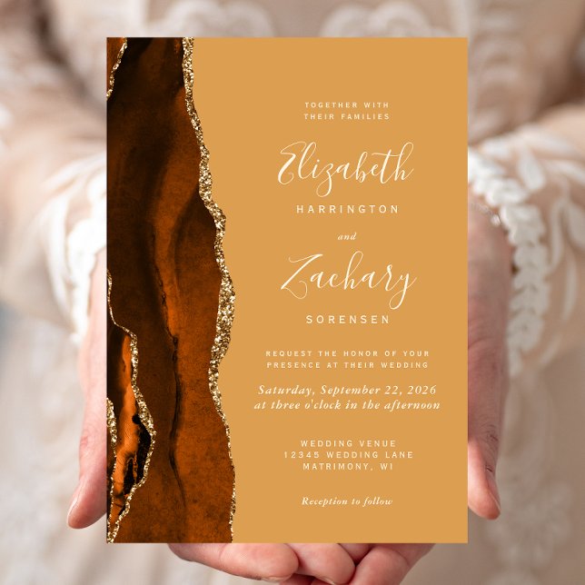 Modern Burnt Orange Agate Honey Gold Wedding Invitation (Creator Uploaded)