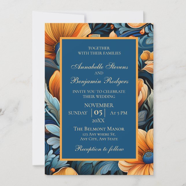 Modern Burnt Orange and Blue Floral Invitation (Front)