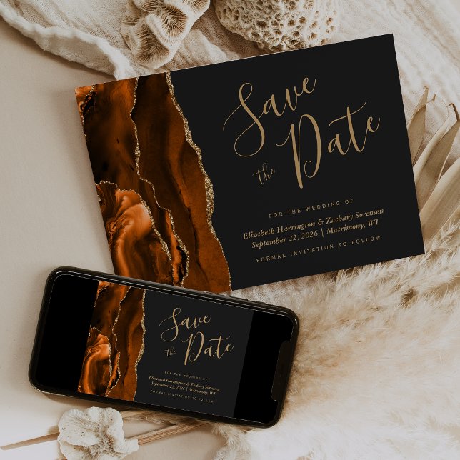Modern Burnt Orange Gold Agate Dark Save the Date Invitation (Creator Uploaded)