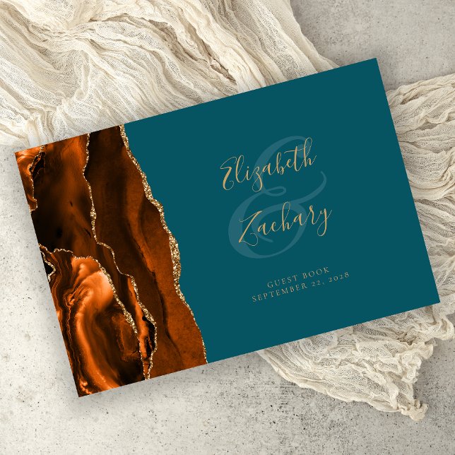 Modern Burnt Orange Gold Agate Teal Guest Book (Creator Uploaded)
