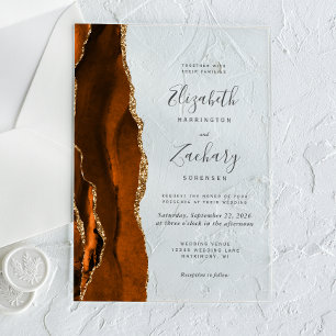 Modern Burnt Orange Gold Agate Wedding Acrylic Invitations