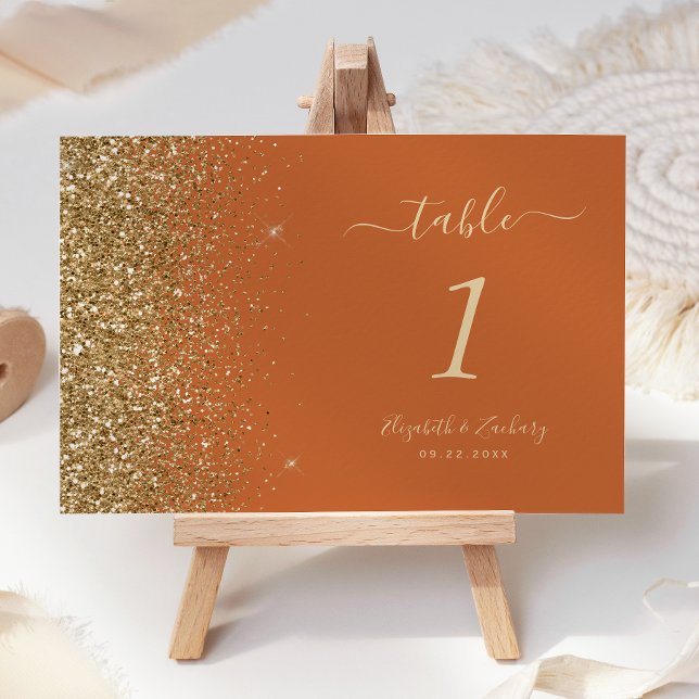 Modern Burnt Orange Gold Glitter Edge Wedding Table Number (Creator Uploaded)