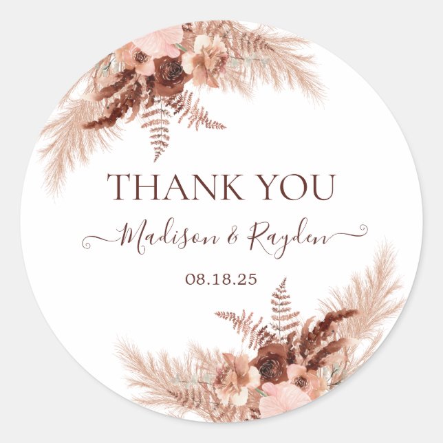 Modern Burnt Orange Pampas Wedding Thank you Classic Round Sticker (Front)