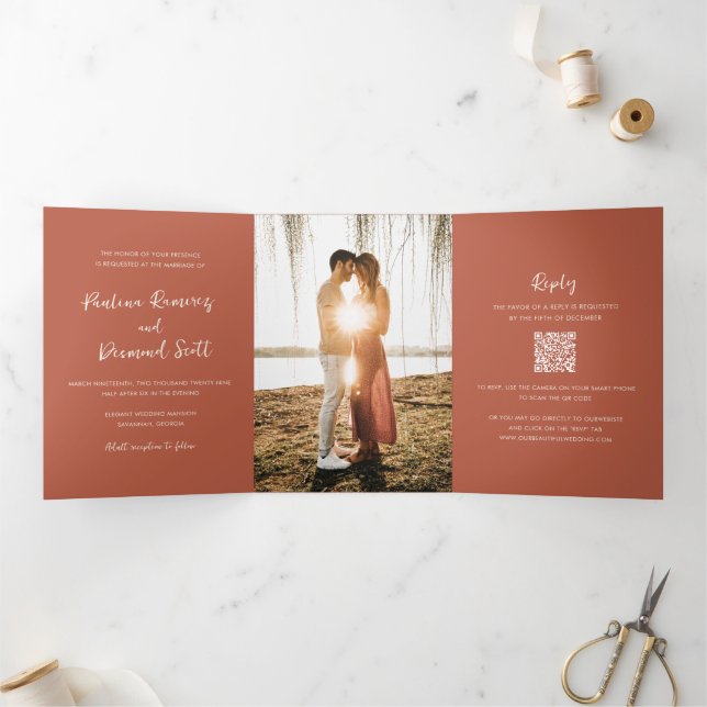 Modern Burnt Orange QR Code Simple Wedding Tri-Fold Invitation (Inside)