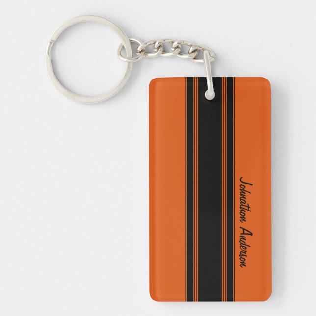Modern Burnt Orange Racing Stripes With Name Keychain (Front)