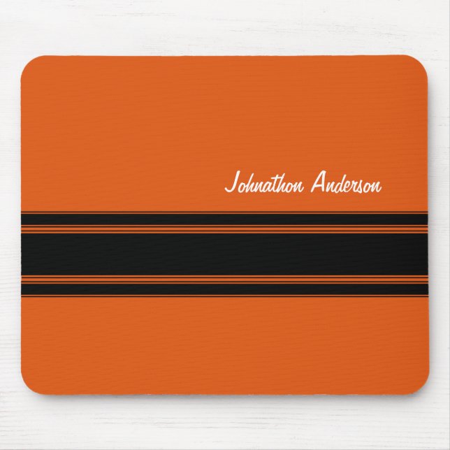 Modern Burnt Orange Racing Stripes With Name Mouse Pad (Front)