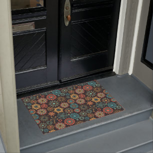Modern burnt orange teal floral pattern doormat