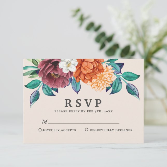 Modern burnt orange terracotta Fall Wedding RSVP Card (Standing Front)