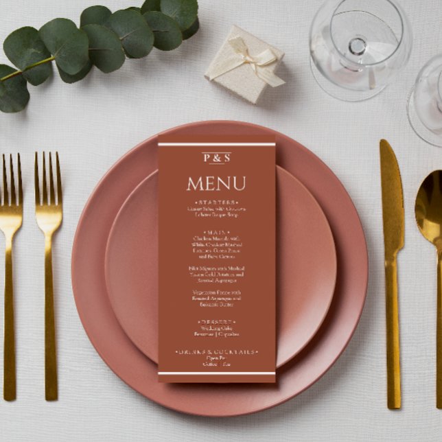 Modern Burnt Orange Terracotta Monogram Wedding    Menu (Creator Uploaded)