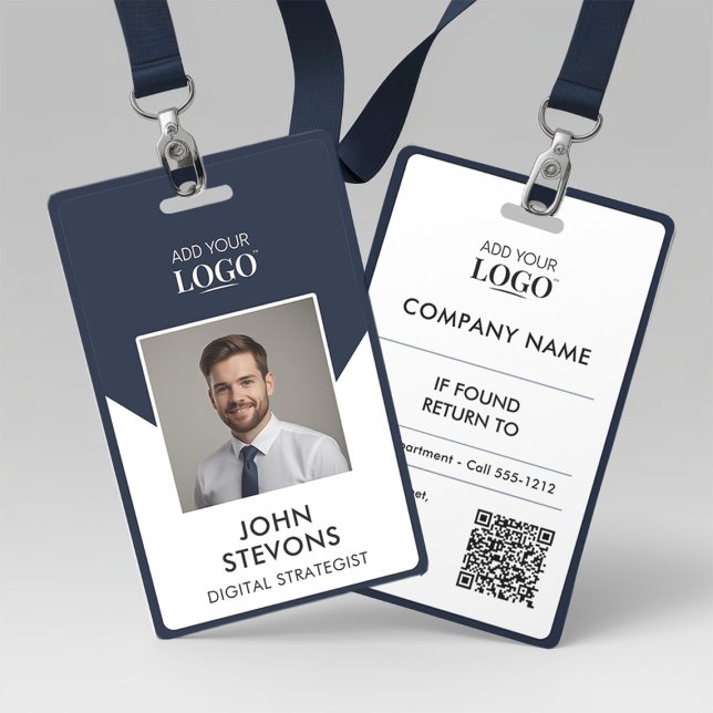 Modern Business Employee Name Photo QR Code Navy B Badge (Creator Uploaded)