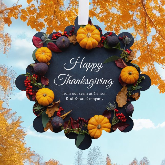 Modern Business Happy Thanksgiving Pumpkin Wreath Ornament Card (Creator Uploaded)