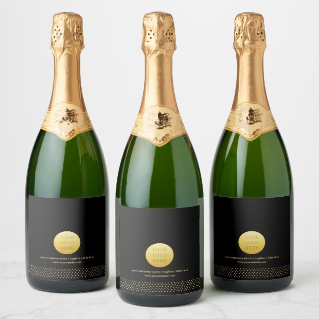 Modern Business Logo Black Gold Dots Branded Sparkling Wine Label (Bottles)
