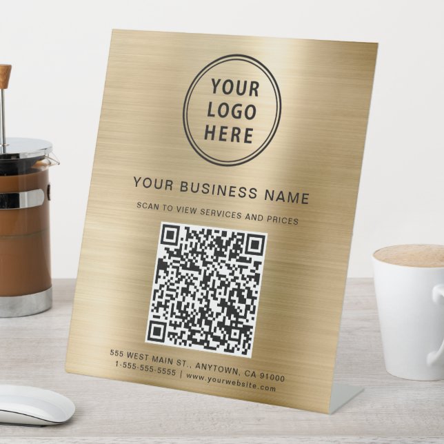 Modern Business Logo QR Code Gold Pedestal Sign (In SItu)
