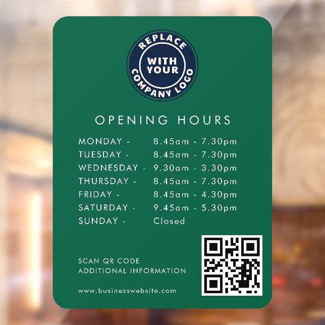 Modern Business Logo QR Code Opening Hours Green Window Cling (Sheet 2)
