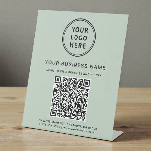 Modern Business Logo QR Code Sage Green Pedestal Sign