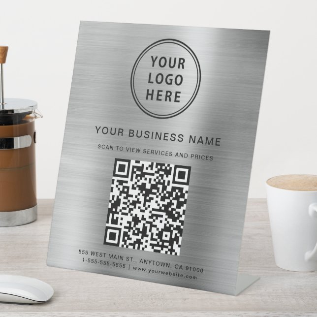 Modern Business Logo QR Code Silver Pedestal Sign (In SItu)