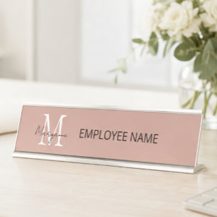 Modern Business Monogram Pink Desk Name Plate
