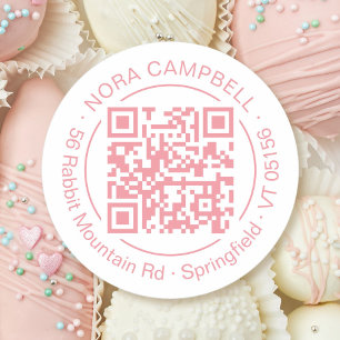 Modern Business Name QR Code Peach Pink Frame Classic Round Sticker