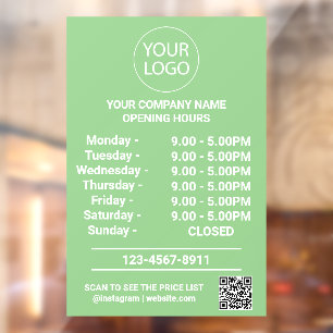 Modern Business Opening Hours Logo Qr Code Green Window Cling