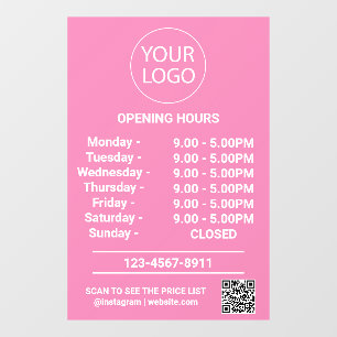 Modern Business Opening Hours Logo Qr Code Pink    Window Cling