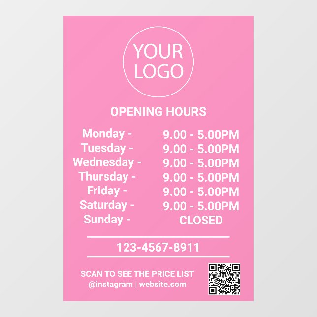 Modern Business Opening Hours Logo Qr Code Pink    Window Cling (Sheet)