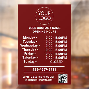 Modern Business Opening Hours Logo Qr Code Red     Window Cling