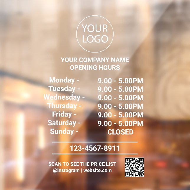 Modern Business Opening Hours Logo Qr Code    Window Cling (Sheet 2)