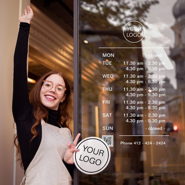 Modern Business Opening Hours With Break QR Code  Window Cling (Corporate design window cling template with opening hours with break, logo, QR code, phone number.)