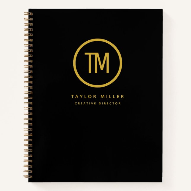 Modern Business Professional Monogram Black Gold Notebook (Front)