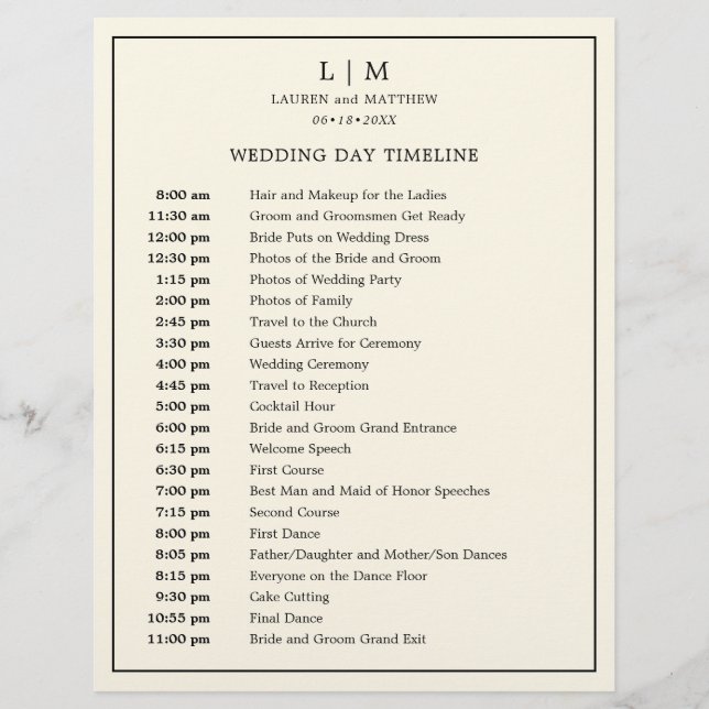 Modern Butter Yellow Monogram Wedding Timeline (Front)