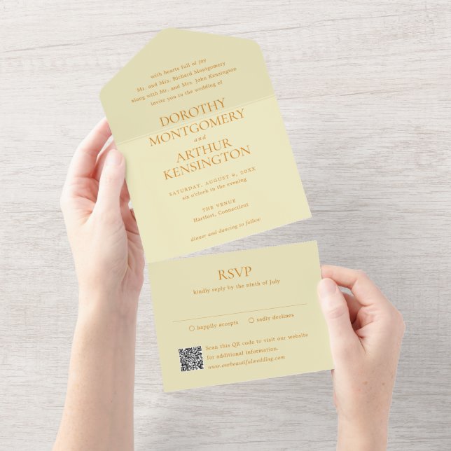 Modern Butter Yellow QR Code Elegant Wedding All In One Invitation (Tearaway)