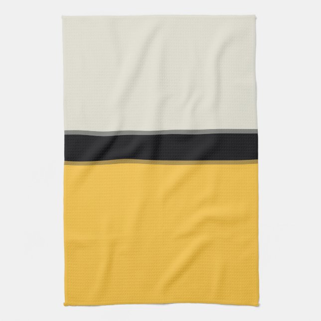 Modern Butter Yellow Silver Grey Black Stripes Kitchen Towel (Vertical)