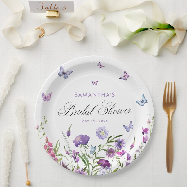 Modern Butterflies  Floral Purple Bridal Shower  Paper Plate (Wedding)
