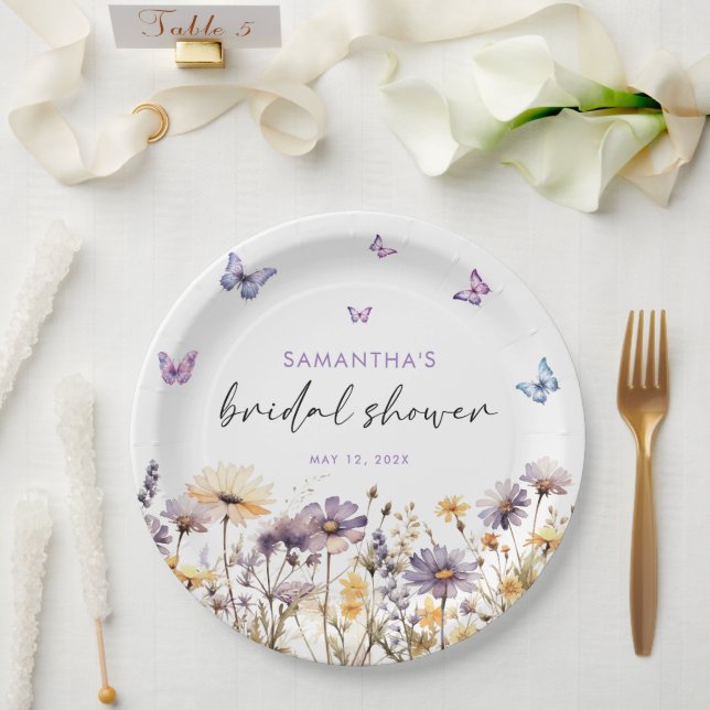 Modern Butterflies  Floral Purple Bridal Shower  Paper Plate (Wedding)